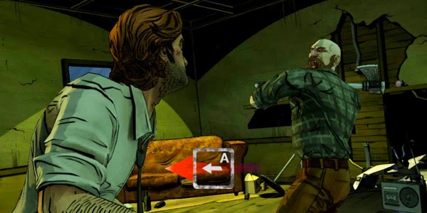 The woodsman readies his axe while the player is prompted to hit the A key